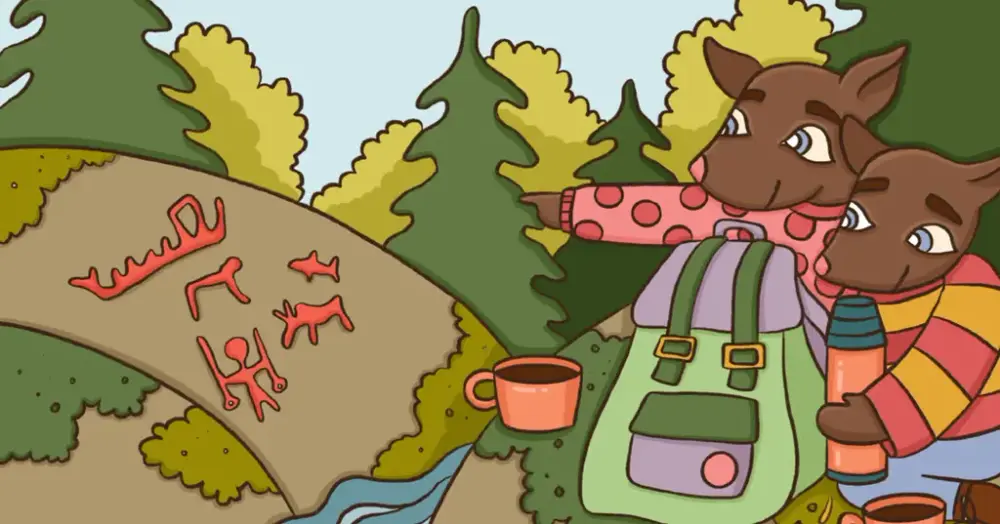 Tecknad illustration av två figurer som besöker hällristningarna i Nämforsen