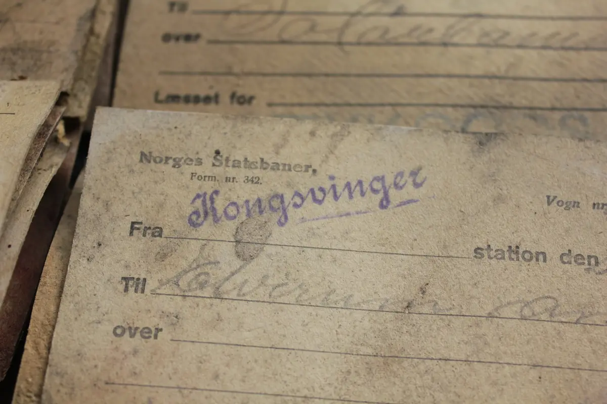 En samling fraktsedler fra NSB. Sedlene er påført både stempler og håndskrift. Ca. 70 er trykket med «Norges Statsbaner» (form. nr. 342) og fylt ut i årene 1903–1925. Ca. 50 er trykket med «Norsk Hoved-Jernbane» (form. nr. 192b) og fylt ut i årene 1910–1921.