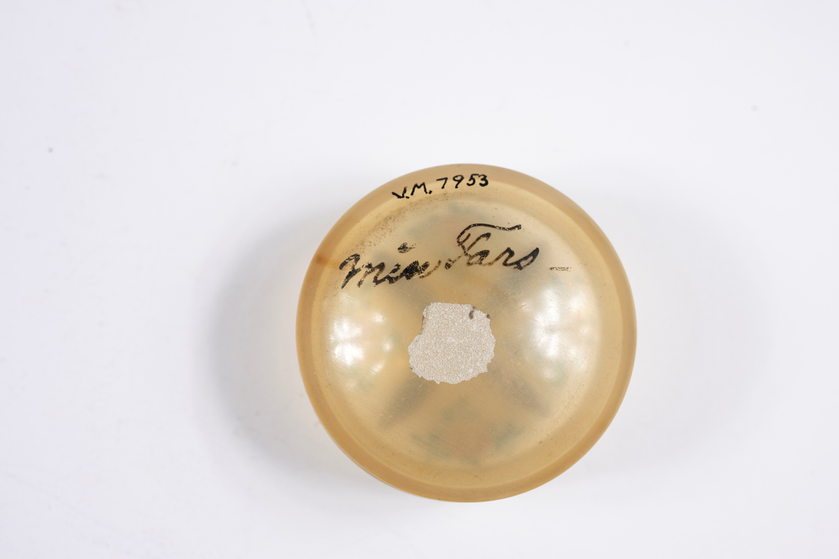 Svarvad av horn (tunnt som celluloid), med kupigt lock och botten. På locket målade rosor.