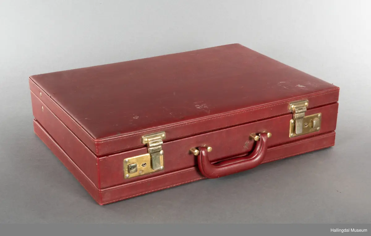 Hjemmelaget transportabelt lydanlegg. Rødbrun skinnkoffert med messingbeslag. Lysebrunt skinn innvendig fôr. Inneholder en ombygd "Mosfet" amplifier i lilla farge, med tilhørende grå strømkabel. På sidene er det plexiglass. Høyre side plexiglass bestående av strøminntak kontakt og en av og på bryter og to stk. merket mikserinngang til jack. På venstre side plexiglass inntak med merke: 12V - DG og to høytalerinnganger. Kabler til høytaler og mikrofon mangler.  