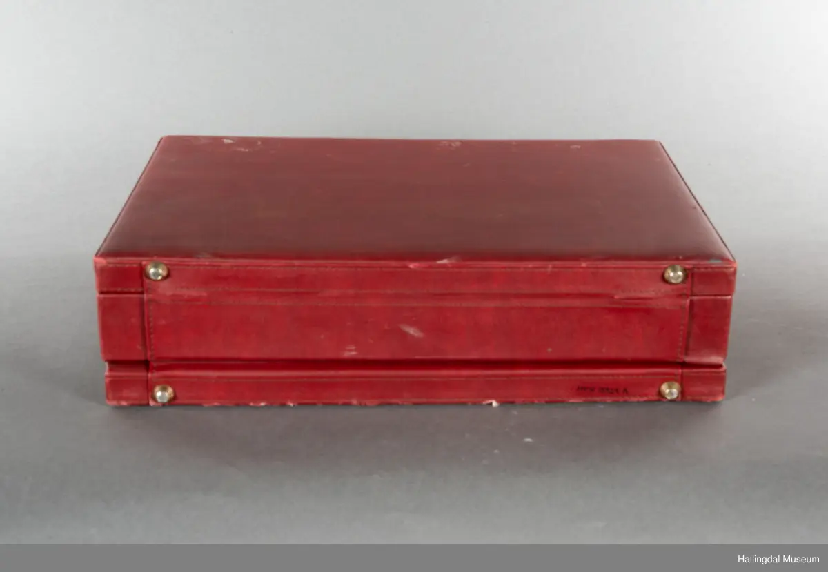 Hjemmelaget transportabelt lydanlegg. Rødbrun skinnkoffert med messingbeslag. Lysebrunt skinn innvendig fôr. Inneholder en ombygd "Mosfet" amplifier i lilla farge, med tilhørende grå strømkabel. På sidene er det plexiglass. Høyre side plexiglass bestående av strøminntak kontakt og en av og på bryter og to stk. merket mikserinngang til jack. På venstre side plexiglass inntak med merke: 12V - DG og to høytalerinnganger. Kabler til høytaler og mikrofon mangler.  