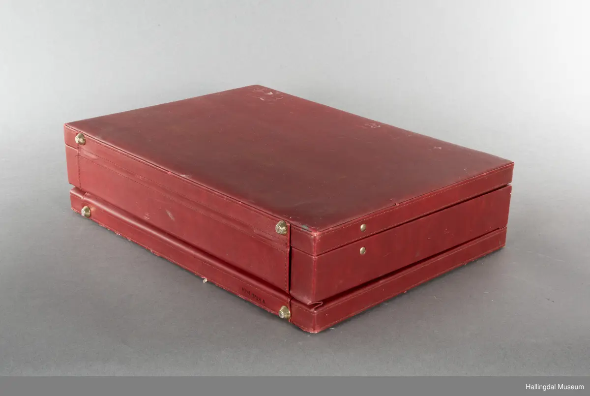 Hjemmelaget transportabelt lydanlegg. Rødbrun skinnkoffert med messingbeslag. Lysebrunt skinn innvendig fôr. Inneholder en ombygd "Mosfet" amplifier i lilla farge, med tilhørende grå strømkabel. På sidene er det plexiglass. Høyre side plexiglass bestående av strøminntak kontakt og en av og på bryter og to stk. merket mikserinngang til jack. På venstre side plexiglass inntak med merke: 12V - DG og to høytalerinnganger. Kabler til høytaler og mikrofon mangler.  