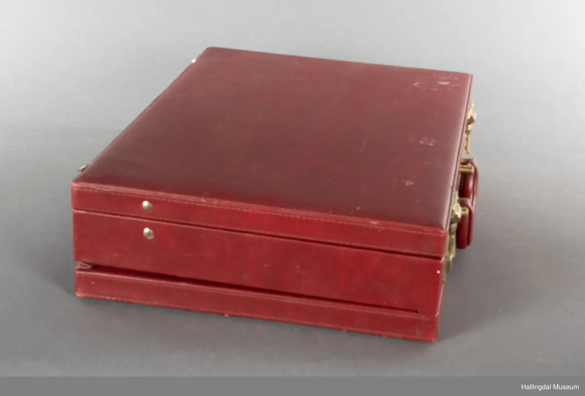 Hjemmelaget transportabelt lydanlegg. Rødbrun skinnkoffert med messingbeslag. Lysebrunt skinn innvendig fôr. Inneholder en ombygd "Mosfet" amplifier i lilla farge, med tilhørende grå strømkabel. På sidene er det plexiglass. Høyre side plexiglass bestående av strøminntak kontakt og en av og på bryter og to stk. merket mikserinngang til jack. På venstre side plexiglass inntak med merke: 12V - DG og to høytalerinnganger. Kabler til høytaler og mikrofon mangler.  