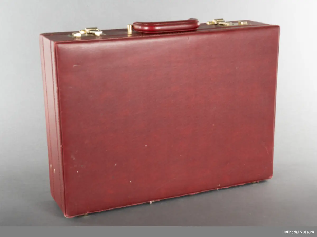 Hjemmelaget transportabelt lydanlegg. Rødbrun skinnkoffert med messingbeslag. Lysebrunt skinn innvendig fôr. Inneholder en ombygd "Mosfet" amplifier i lilla farge, med tilhørende grå strømkabel. På sidene er det plexiglass. Høyre side plexiglass bestående av strøminntak kontakt og en av og på bryter og to stk. merket mikserinngang til jack. På venstre side plexiglass inntak med merke: 12V - DG og to høytalerinnganger. Kabler til høytaler og mikrofon mangler.  