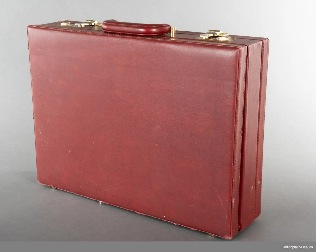 Hjemmelaget transportabelt lydanlegg. Rødbrun skinnkoffert med messingbeslag. Lysebrunt skinn innvendig fôr. Inneholder en ombygd "Mosfet" amplifier i lilla farge, med tilhørende grå strømkabel. På sidene er det plexiglass. Høyre side plexiglass bestående av strøminntak kontakt og en av og på bryter og to stk. merket mikserinngang til jack. På venstre side plexiglass inntak med merke: 12V - DG og to høytalerinnganger. Kabler til høytaler og mikrofon mangler.  