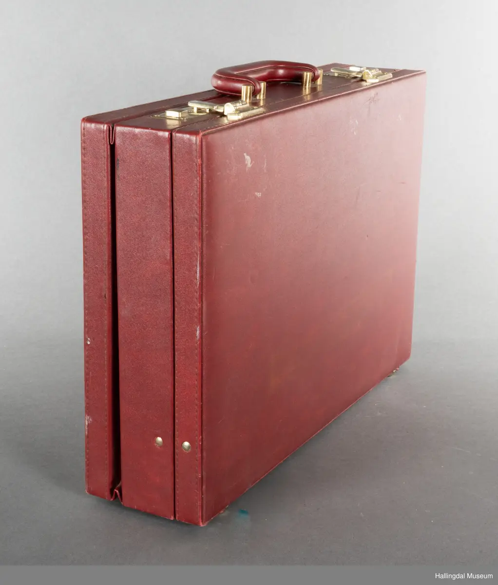 Hjemmelaget transportabelt lydanlegg. Rødbrun skinnkoffert med messingbeslag. Lysebrunt skinn innvendig fôr. Inneholder en ombygd "Mosfet" amplifier i lilla farge, med tilhørende grå strømkabel. På sidene er det plexiglass. Høyre side plexiglass bestående av strøminntak kontakt og en av og på bryter og to stk. merket mikserinngang til jack. På venstre side plexiglass inntak med merke: 12V - DG og to høytalerinnganger. Kabler til høytaler og mikrofon mangler.  