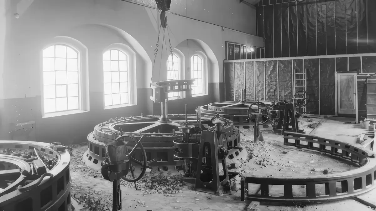 Svart-hvitt arkivbilde av en industrihall med store turbiner under montering. Bildet illustrerer foredraget 'Det usynliggjorte maskineriet', og viser en tid da teknikk og mekanikk var synlig og ruvende.