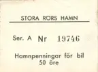 Familjen Erikssons tältsemestrar med bil på 1950- och 1960-talet. Biljett för bil, Stora Rörs hamn på Öland.