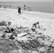 Familjen Erikssons tältsemestrar med bil på 1950- och 1960-talet.  Thomas, mamma Gun-Britt, Bodil och Björn vid badstranden Dronningmölle, Danmark 1962.
