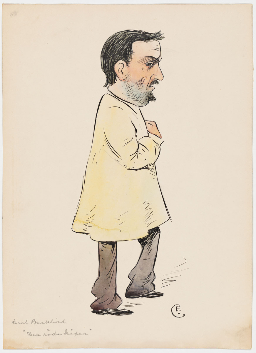 Man i profil vänd till höger. Han är iklädd knälång beige rock, grå byxor och svarta skor. Han har ett litet skägg och en mustasch.
