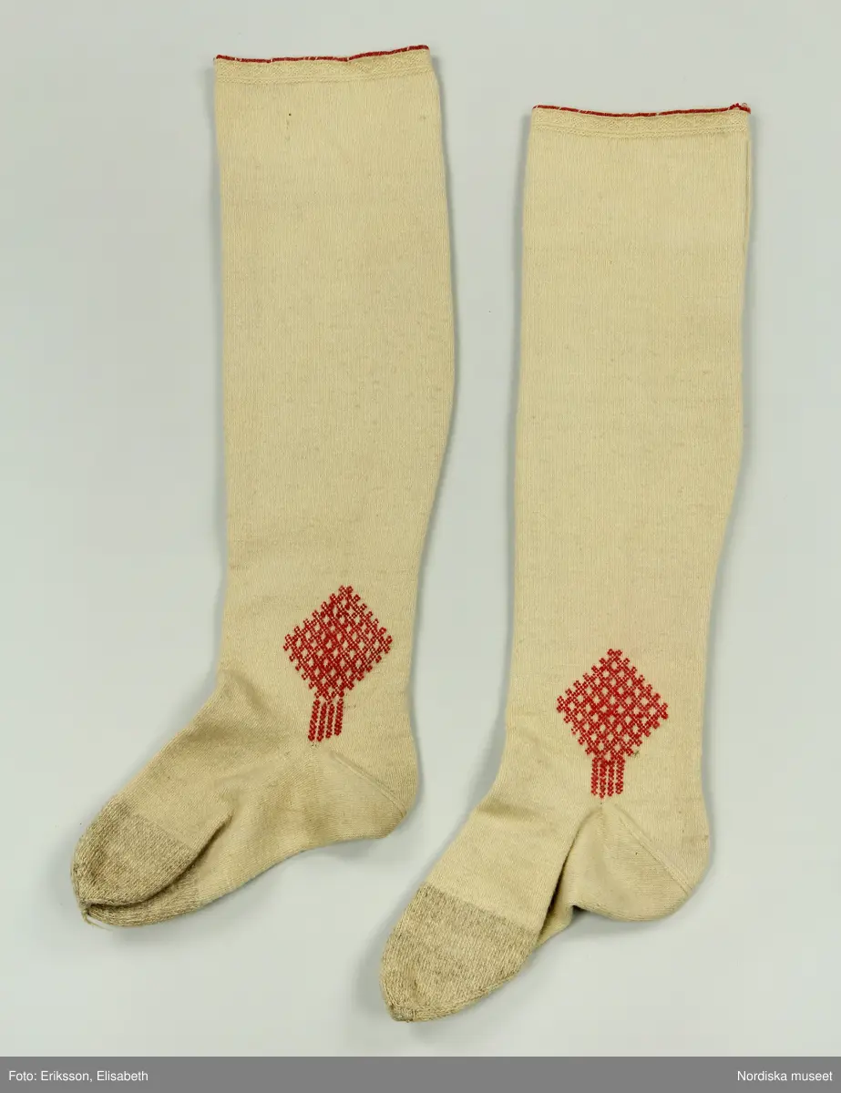 Mansdräkt i flera delar a-d.

a. Rock av svart vadmal
b. Röd väst
c:1-2 Vita strumpor
d. Knäbyxor av sämskskinn
Katalogkort finns.

a. Långrock av svart vadmal. Framstyckena/sidstyckena helskurna, ryggstycket smalt och kort,  avkuret i midjan, rikt veckat bakskört försett upptill med två ulltofsar och med pikerade klaffar en vid var  sida om skörtet. Svängda ärmar med 2 sömmar och blindslag med sprund oknäppt med 2 hakar och hyskor. Ståndkrage. Skoning av hemvävda ylleband i flera färger längs livets insidor, knäppning med hakar och hyskor.
"Dylika rockar tillhörde högtidsdräkten, vid mindre fester och till kyrkan brukades grå rockar af liknande snitt, ett snitt som gaf anledning till benämningen ´fiolen´för nysockenströjans ryggtafla ".
b. Väst av röd vadmal med ryggstycke av grovt oblekt linne i spetskypert. Hög ståndkrage och utvikta slag, med en uddklippt vadmalsremsa i kanten, dubbelknäppning med  vitmetallknappar, fästa på insidan med skinnremsa, knapphål tränsade med grönt ullgarn. 2 sidfickor med list. Foder av oblekt linnelärft, på kragens insida en bit av ryggtyget mitt bak.
c:1-2 . Strumpor slätstickade i tvåändstickning av fint vitt 1-trådigt ullgarn. Uppläggningsvarvet med rött och vitt ullgarn,  smal mönsterstickad överkant. Häl och tå av annat naturgrått garn. Mitt bak en sömmarkering med en avig maska. Vid anklarna broderade rombiska figurer i genombrutet mönster, kallas "löver" i rött ullgarn.
d. Knäbyxor av gult sämskskinn, med bred lucka med 5 knapphål, midjegjord knäppt med 2 knappar. Knapparna är av flera olika sorter av mässing, en av hängselknapparna av horn, 2 bak saknas. Midjegjorden fodrad med linnelärft. Knäsprund knäpps med 4 hakar och hyskor. Flikar vid sprunden uddklippta.
/Berit Eldvik 2010-01-08
