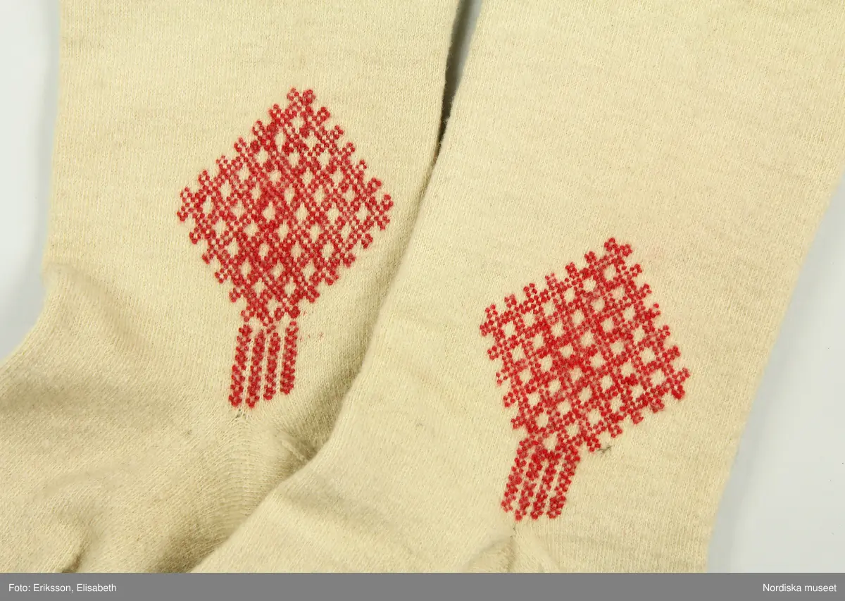 Mansdräkt i flera delar a-d.

a. Rock av svart vadmal
b. Röd väst
c:1-2 Vita strumpor
d. Knäbyxor av sämskskinn
Katalogkort finns.

a. Långrock av svart vadmal. Framstyckena/sidstyckena helskurna, ryggstycket smalt och kort,  avkuret i midjan, rikt veckat bakskört försett upptill med två ulltofsar och med pikerade klaffar en vid var  sida om skörtet. Svängda ärmar med 2 sömmar och blindslag med sprund oknäppt med 2 hakar och hyskor. Ståndkrage. Skoning av hemvävda ylleband i flera färger längs livets insidor, knäppning med hakar och hyskor.
"Dylika rockar tillhörde högtidsdräkten, vid mindre fester och till kyrkan brukades grå rockar af liknande snitt, ett snitt som gaf anledning till benämningen ´fiolen´för nysockenströjans ryggtafla ".
b. Väst av röd vadmal med ryggstycke av grovt oblekt linne i spetskypert. Hög ståndkrage och utvikta slag, med en uddklippt vadmalsremsa i kanten, dubbelknäppning med  vitmetallknappar, fästa på insidan med skinnremsa, knapphål tränsade med grönt ullgarn. 2 sidfickor med list. Foder av oblekt linnelärft, på kragens insida en bit av ryggtyget mitt bak.
c:1-2 . Strumpor slätstickade i tvåändstickning av fint vitt 1-trådigt ullgarn. Uppläggningsvarvet med rött och vitt ullgarn,  smal mönsterstickad överkant. Häl och tå av annat naturgrått garn. Mitt bak en sömmarkering med en avig maska. Vid anklarna broderade rombiska figurer i genombrutet mönster, kallas "löver" i rött ullgarn.
d. Knäbyxor av gult sämskskinn, med bred lucka med 5 knapphål, midjegjord knäppt med 2 knappar. Knapparna är av flera olika sorter av mässing, en av hängselknapparna av horn, 2 bak saknas. Midjegjorden fodrad med linnelärft. Knäsprund knäpps med 4 hakar och hyskor. Flikar vid sprunden uddklippta.
/Berit Eldvik 2010-01-08
