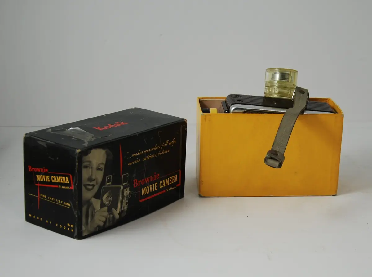 Form: rektangulær, bredere oppe enn nede, linse på kortside, sveiv for film på langside, knapper for blender etc.
