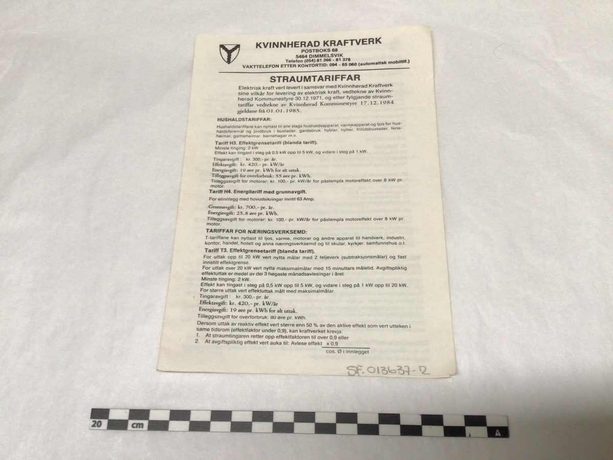 Hefta rundskriv med straumtariffar, utgitt av Kvinnherad Kraftverk, til distribusjon til alle husstandar dette gjeld.