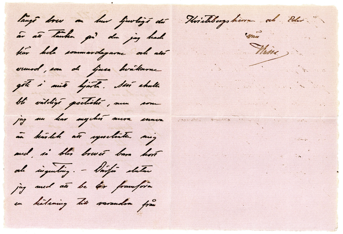 Brev 1914-06-25 till Ester och John Bauer från Nisse, bestående av ett kuvert, med ett vikt blad på fyra sidor med skrivet på framsidan och baksidan. Huvudsakligen skriven i bläck.
.
BREVAVSKRIFT
[Kuvert]
Konstnärsparet
John o Esther Bauer
Björkudden
Grenna

[Två otydliga poststämplar: GRÄNNA]
N.T.
[rött sigillack]
.
[Sida 1]
[stämplade eller tryckta bokstäver: N.T.]
Kvistaberg 25.6 1914.
Kära barn!
Se här de utlovade fo-
tografierna, som jag äntligen kom-
mit mig för att kopiera. –
Jag hoppas Ni må gott och
träta lite smått. Själv mår
jag ingenting ity att min hö-
snuva florerar. Om jag vore 
riktigt kär i någon av Er, så
skulle jag skriva ett väldigt
.
[Sida 2 & 3]
långt brev om hur ljuvligt det
är att tänka på den jag hade
kär hela sommardagarne och allt
vemod, som de ljusa kvällarne
göte i mitt hjärta. Det skulle 
bli väldigt poetiskt, men som
jag nu har mycket mera mera
än kärlek att sysselsätta mig 
med, så blir brevet bara kort
och ingenting. – Därför slutar 
jag med att be Er framföra 
en hälsning till varandra från
Kvistbergsherrn och Eder
vän
Nisse
.
[Sida 4] 
Tom sida