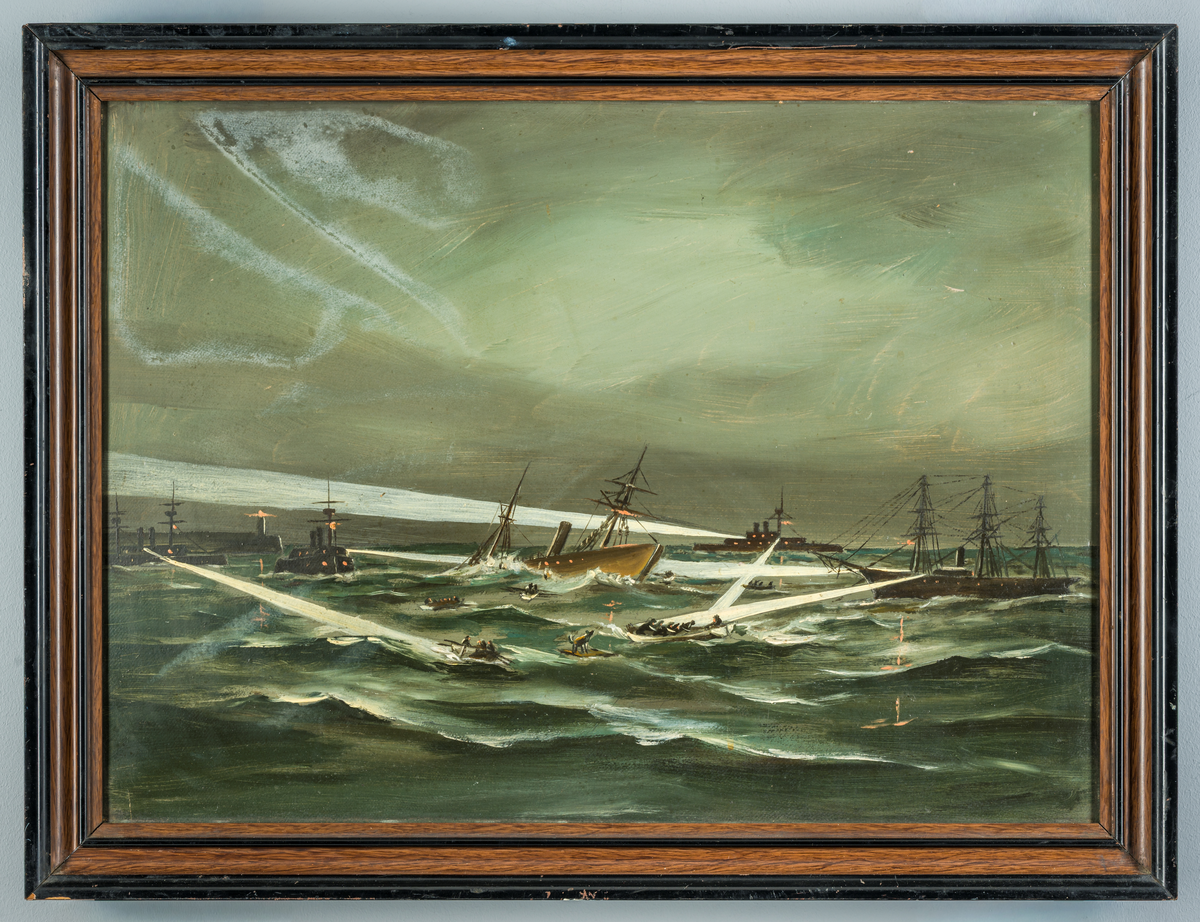 Oljemålning på papp med ram av pyramidmahogny, svart-brun, polerad. Visar engelska emigrantångaren Utopias undergång på Gibraltars redd den 17 mars 1891. Tavlan visar fr. v. :Engelska pansarfartygen Camperdown och Anson, Utopia, pansarskeppet Rodney samt korvetten Freja. Samtliga fartyg deltog med sina båtar i räddningsarbetet.

Teckningen gjord efter en skiss, utförd av underlöjtnant Georg Bergman vid olyckstillfället, vilken förde befälet på en av Frejas räddningsbåtar.