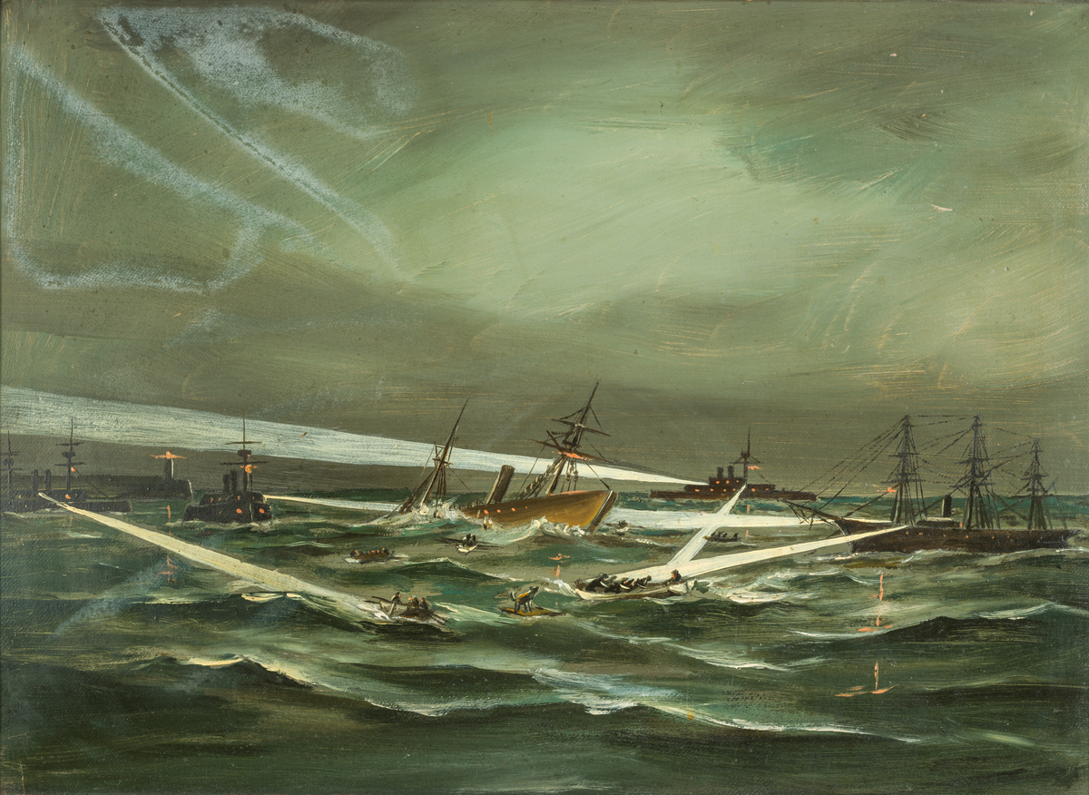 Oljemålning på papp med ram av pyramidmahogny, svart-brun, polerad. Visar engelska emigrantångaren Utopias undergång på Gibraltars redd den 17 mars 1891. Tavlan visar fr. v. :Engelska pansarfartygen Camperdown och Anson, Utopia, pansarskeppet Rodney samt korvetten Freja. Samtliga fartyg deltog med sina båtar i räddningsarbetet.

Teckningen gjord efter en skiss, utförd av underlöjtnant Georg Bergman vid olyckstillfället, vilken förde befälet på en av Frejas räddningsbåtar.