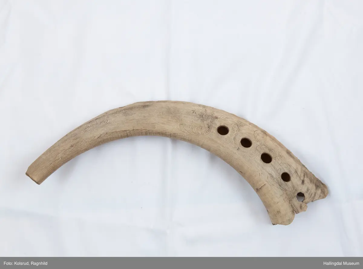 5 hol (bortimot sirkulære, ca. 1,1 cm i diameter) på eine sida og eitt mindre hol tvers gjennom hornet ytst i kanten lenger ut mot den smalaste enden. Rett avsaga i den smalaste enden, noko meir ujamn i andre enden. Bladornamentikk ripa inn med kniv. Bokstavane S T S er også ripa inn med kniv på kvar side. 