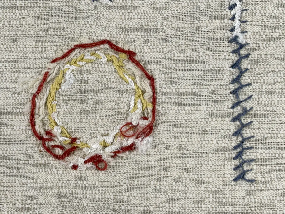 Kuddvar, gjord av tuskaftsväv i bomull och cottolin, som är dekorerad på framsidan med broderi utfört med ullgarn och splendolin i stjälksöm, kedjesöm, bottensöm, läggsöm, trädsöm, knutar samt ryaknutar. Kuddvaret är hopsytt med raksöm, därefter ett varv med stjälksöm cirka 1cm in från ytterkanten på kuddvarets rätsida.