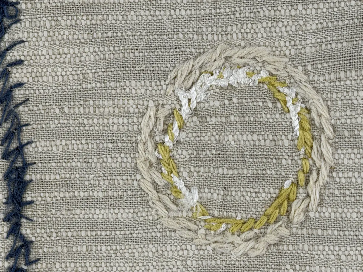 Kuddvar, gjord av tuskaftsväv i bomull och cottolin, som är dekorerad på framsidan med broderi utfört med ullgarn och splendolin i stjälksöm, kedjesöm, bottensöm, läggsöm, trädsöm, knutar samt ryaknutar. Kuddvaret är hopsytt med raksöm, därefter ett varv med stjälksöm cirka 1cm in från ytterkanten på kuddvarets rätsida.