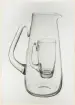 Två något bukiga kannor med snås och handtag, enkel modell i klarglas, Strömbergshyttan, (sedda genom varandra). 
