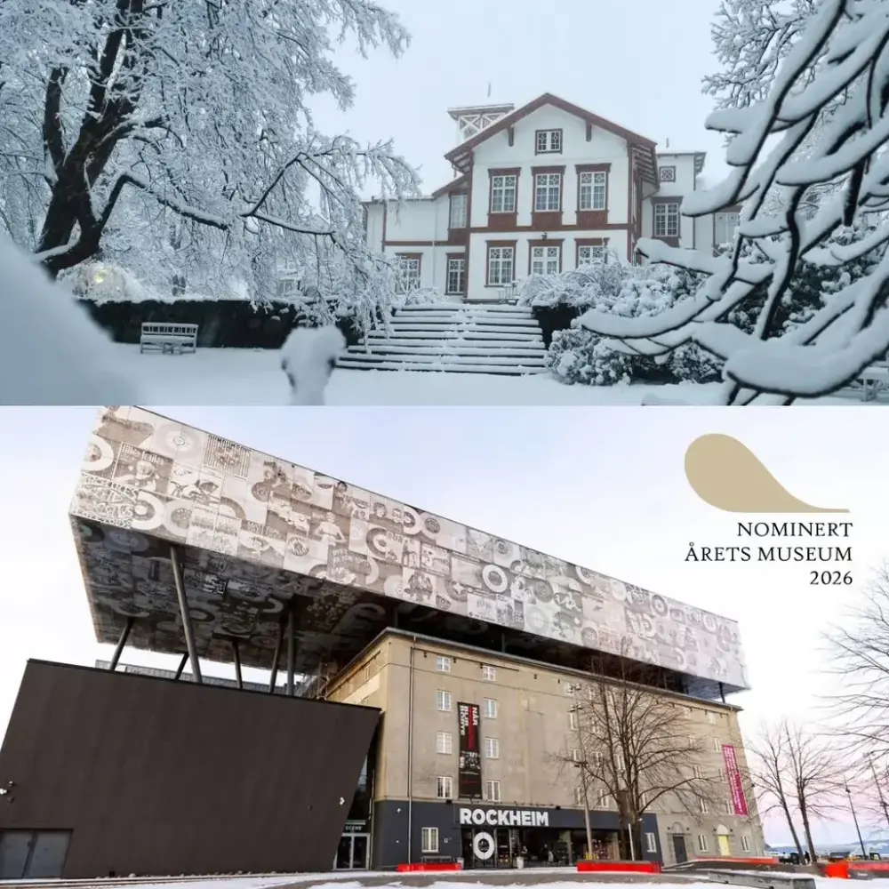 Hovedbygningen på Ringve og museumsfasaden til Rockheim om vinteren