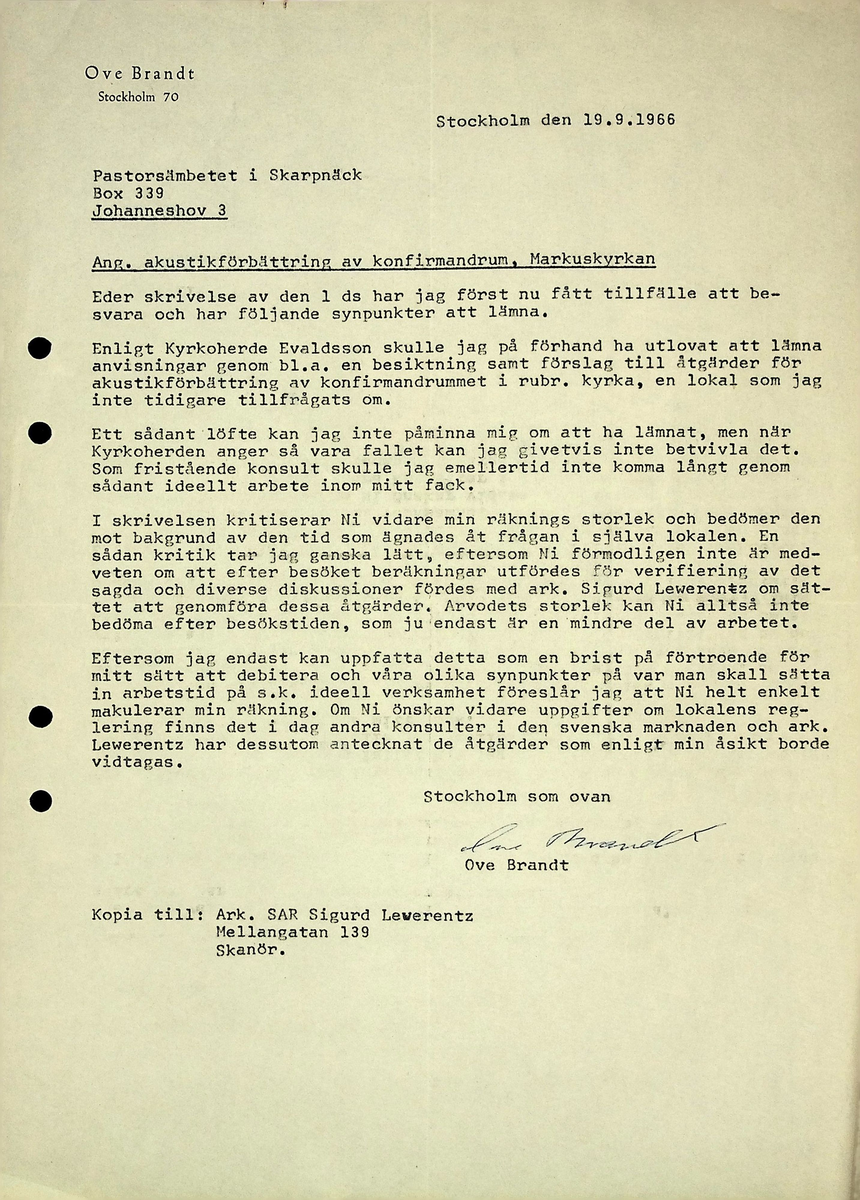 Markuskyrkan
Korrespondens, anteckningar, tygprover