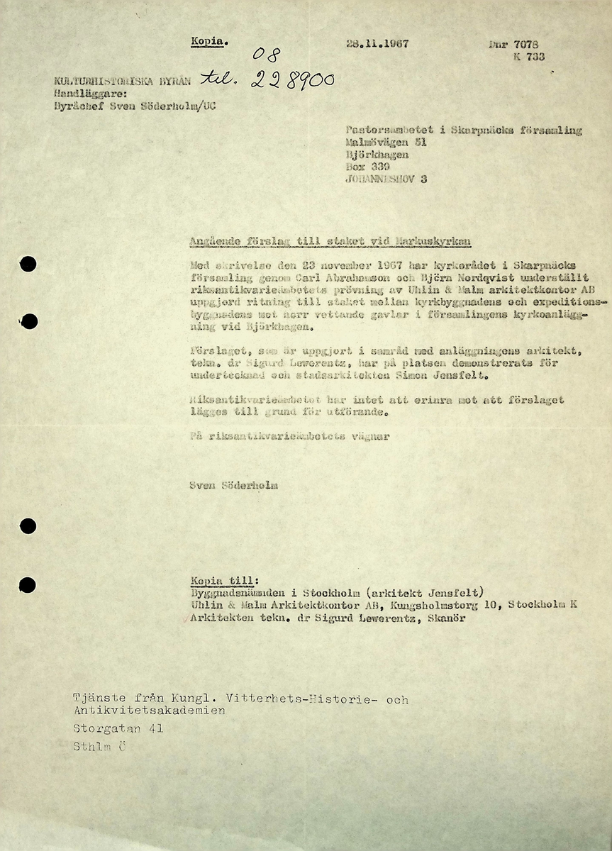 Markuskyrkan
Korrespondens, anteckningar, tygprover