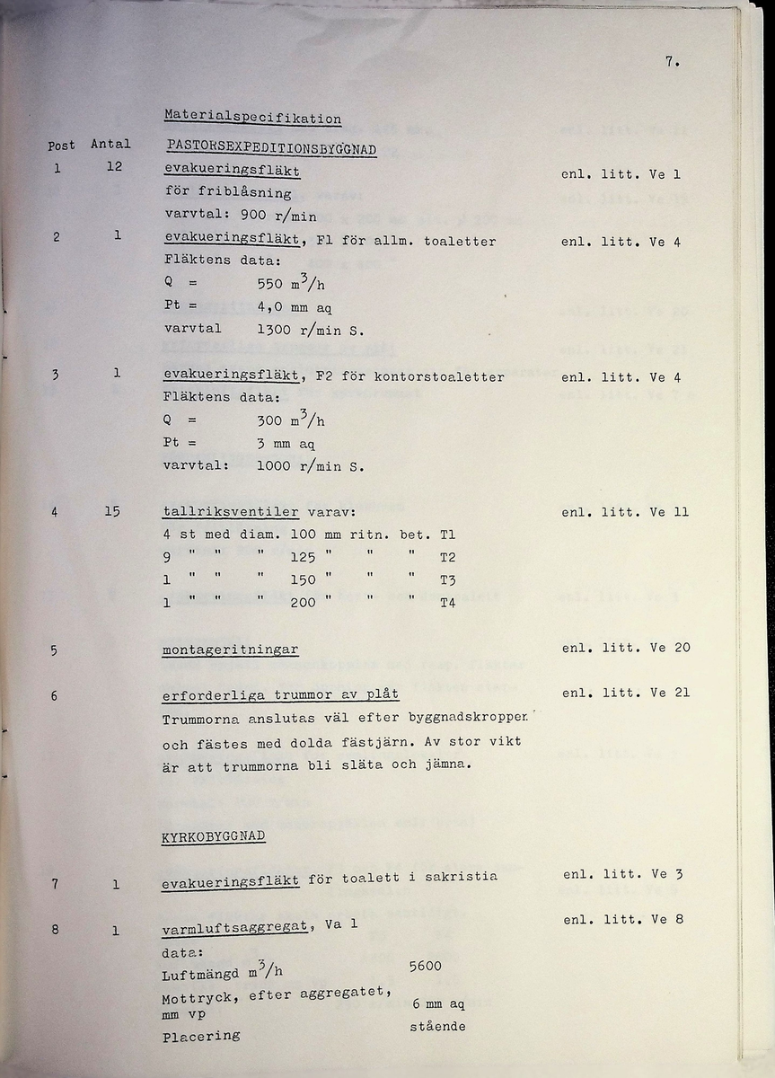 Materialförteckning och beskrivning över ventilationsteknisk anläggning inom kyrkan
Markuskyrkan