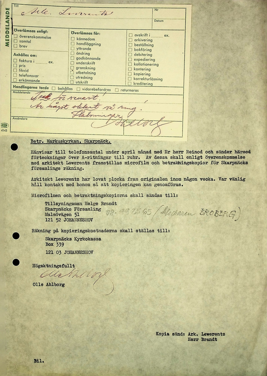 Markuskyrkan
Korrespondens, anteckningar, tygprover