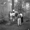 Orientering, 27/9 1942. 
En grupp ungdomar studerar ett anslag på ett träd.