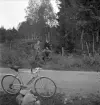 Orientering, 27/9 1942. 
Några personer håller på med att krypa under ett taggtrådsstängsel.
I förgrunden syns en grusväg och en parkerad cykel.