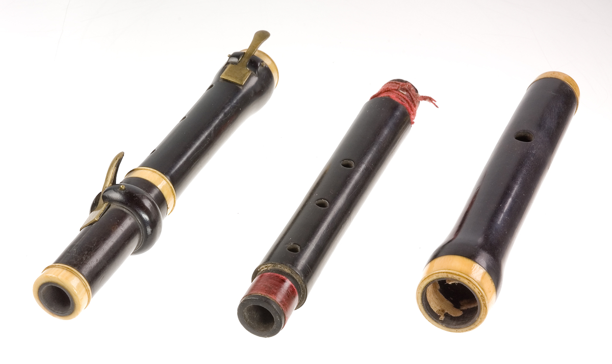 Tvärflöjt i ebenholts med ringar i elfenben. Kortare flöjt, troligtvis stämd i Eb eller F. 4 delar. Ovalt anblåsningshål. 2 klaffar, den övre med bocklagring, den lägre med vulstlagrin. Kvadratiska plattor.