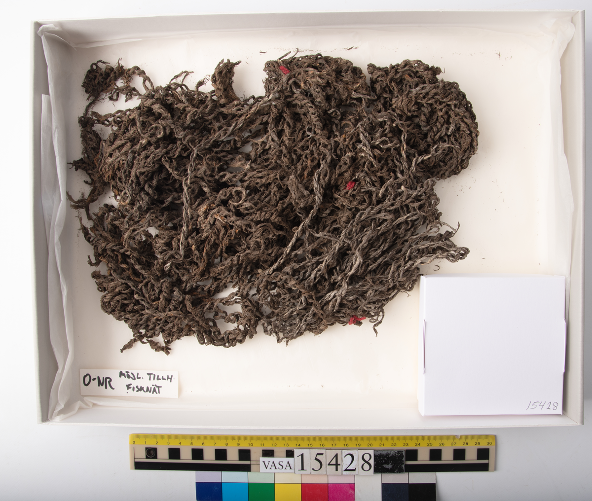 Delar av fisknät.
Sammanhängande hög av delar till fisknät. Trådarna är delvis nedbrytna. Recent, röd garntråd är fastknuten på tre ställen i nätet.