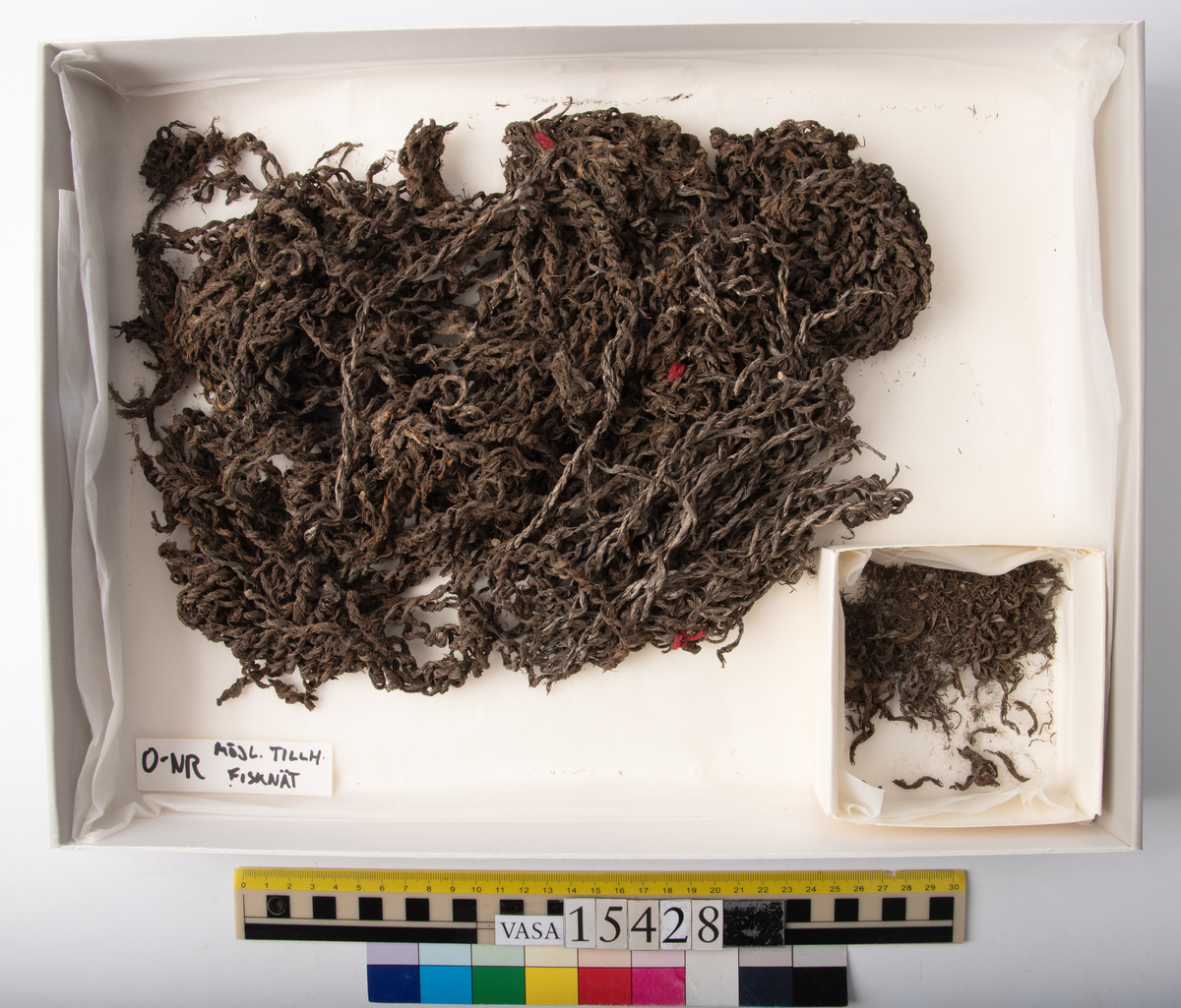 Delar av fisknät.
Sammanhängande hög av delar till fisknät. Trådarna är delvis nedbrytna. Recent, röd garntråd är fastknuten på tre ställen i nätet.