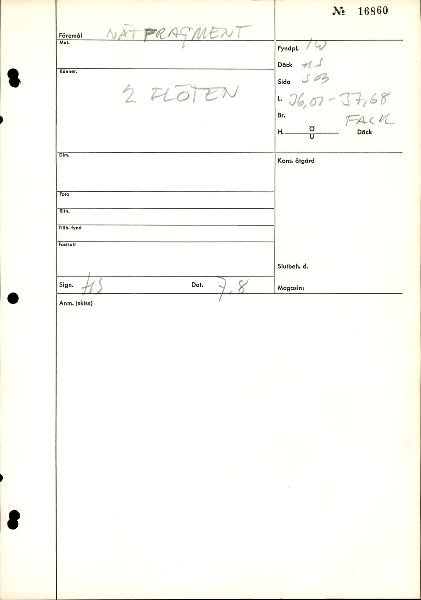 Fragment av ett nät. Uppdelat i del 1 och 2 i samma ask
Del 1: Hög med mindre tågvirke och några mindre träfragment.
Del 2: Några mindre bitar av tågvirke