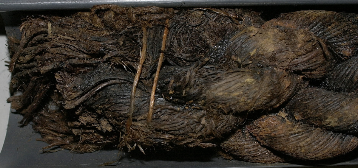 Tågvirke.
Del av grovt tågvirke till ankarkabeln.
S-slagen, tjärad del av ankarkabel, uppbyggd av tre Z-slagna trossar. Kabeln är skadad/fransig i ändarna och ligger i en skyddsränna av plast.