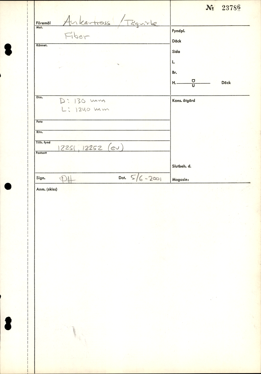 Tågvirke.
Del av grovt tågvirke till ankarkabeln.
S-slagen, tjärad del av ankarkabel, uppbyggd av tre Z-slagna trossar. Kabeln är skadad/fransig i ändarna och ligger i en skyddsränna av plast.