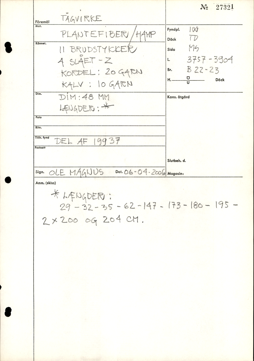 Tågvirke. Uppdelat i 5 delar.
Del 1: Rep i flera delar samt fragment
Del 2: Rep med vantknop
Del 3: Fragment
Del 4: Fragment
Del 5: Fragment