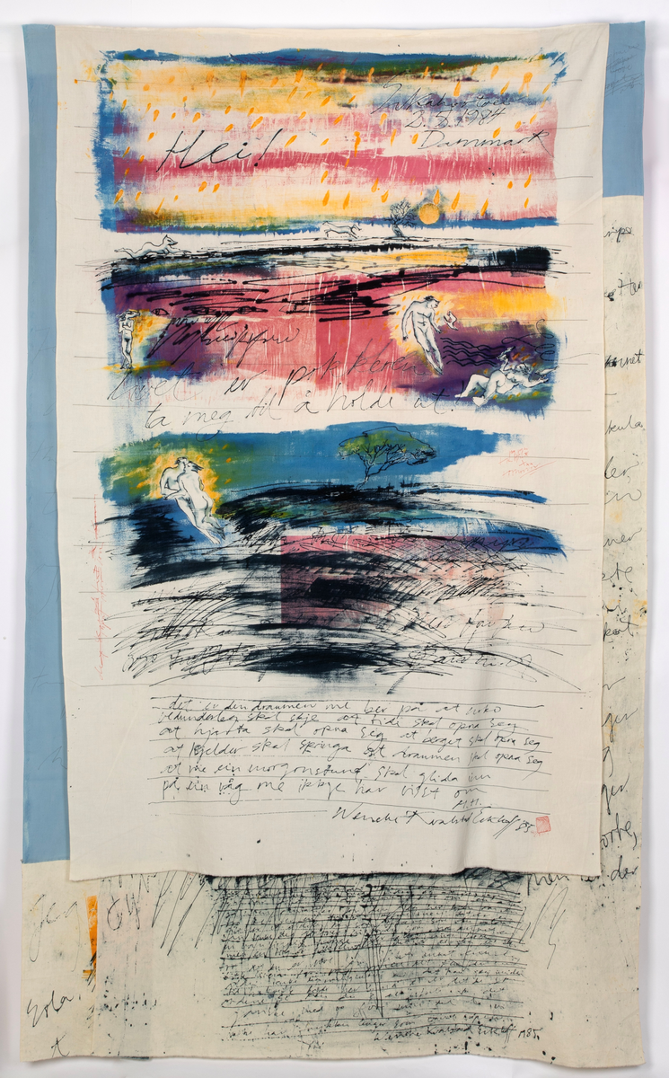 Brevets tekst: "Hei! Livet er pokker ta meg til å holde ut. det er den draumen me ber på at noko vidunderlig skal skje at tid skal opna seg at kjelder skal springa at draumen skal opne seg at me ein morgonstund skal glida inn på ein veg me ikkje har visst om. M.H. Wenche Kvalstad Eckhoff/85"