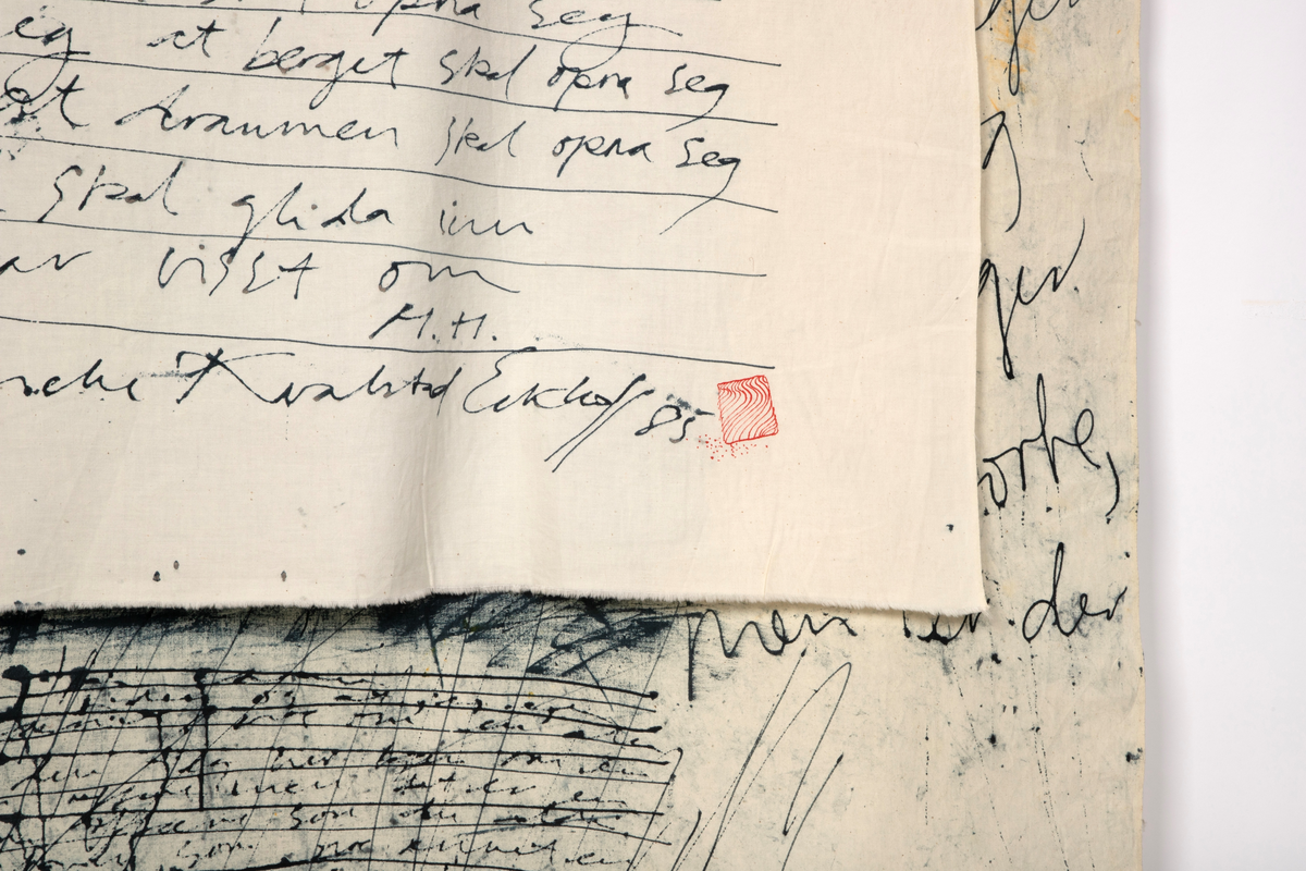 Brevets tekst: "Hei! Livet er pokker ta meg til å holde ut. det er den draumen me ber på at noko vidunderlig skal skje at tid skal opna seg at kjelder skal springa at draumen skal opne seg at me ein morgonstund skal glida inn på ein veg me ikkje har visst om. M.H. Wenche Kvalstad Eckhoff/85"