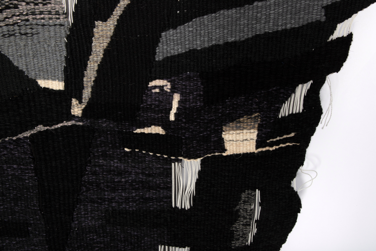 Billedvev med renning av hvite, tynne nylonsnorer som delvis står åpen, slik at det dannes transparente flater. Verket har en uregelmessig form som danner en spiss trekant med ujevne kanter. Innslag av svart grovt ullgarn, delvis blandet med flere farger, dominerer komposisjonen. Mindre flater med brunt, grått, gråblått og hvitt danner et uregelmessig kronemønster i verkets øvre del. Små hvite felt er strødd utover den nederste delen i form av korte og noen lengre linjer.