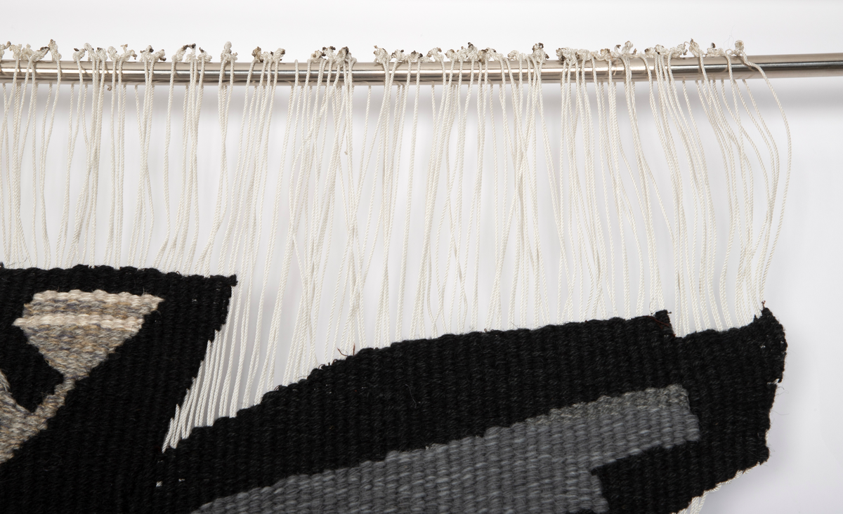 Billedvev med renning av hvite, tynne nylonsnorer som delvis står åpen, slik at det dannes transparente flater. Verket har en uregelmessig form som danner en spiss trekant med ujevne kanter. Innslag av svart grovt ullgarn, delvis blandet med flere farger, dominerer komposisjonen. Mindre flater med brunt, grått, gråblått og hvitt danner et uregelmessig kronemønster i verkets øvre del. Små hvite felt er strødd utover den nederste delen i form av korte og noen lengre linjer.