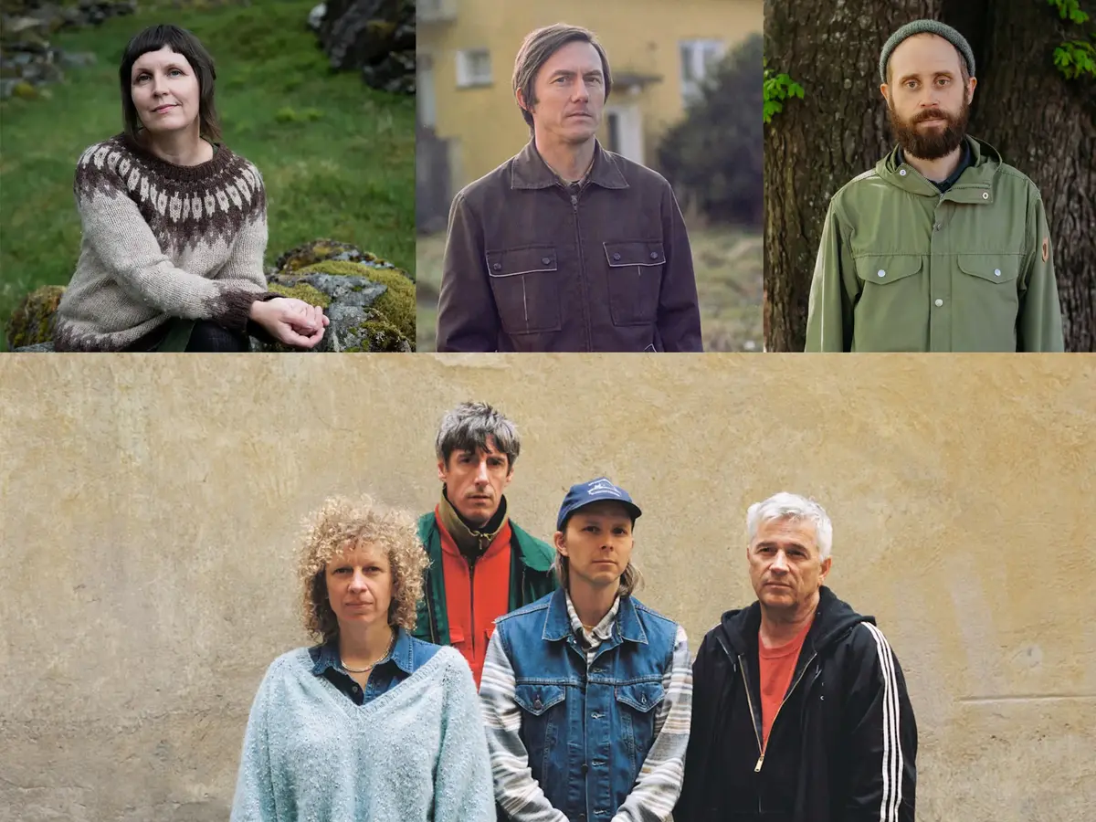 bildekollasje med eit bilde nedst av fire musikarar i kvardagslege kle framom ein gul falma murvegg, oppe er det tre bilete, til venstre av ei dame som sit på ein steingard, i midten ein mann i grøn anorakk og lue framom eit tre, til høgre av ein mann i jakke i ein hage framom eit gult hus