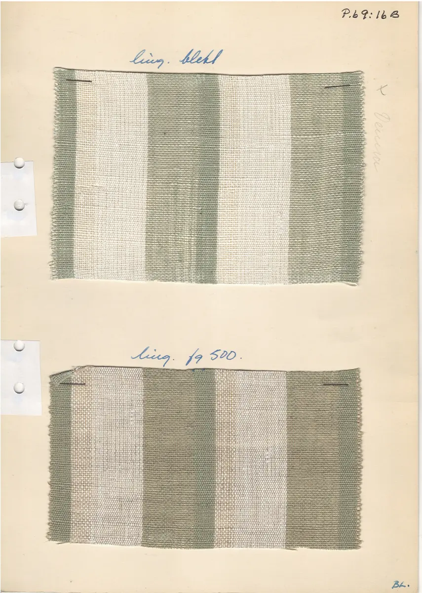 Vävprover samt vävsedel till randig gardin i tuskaft med varp i bomull och inslag i lin. 

