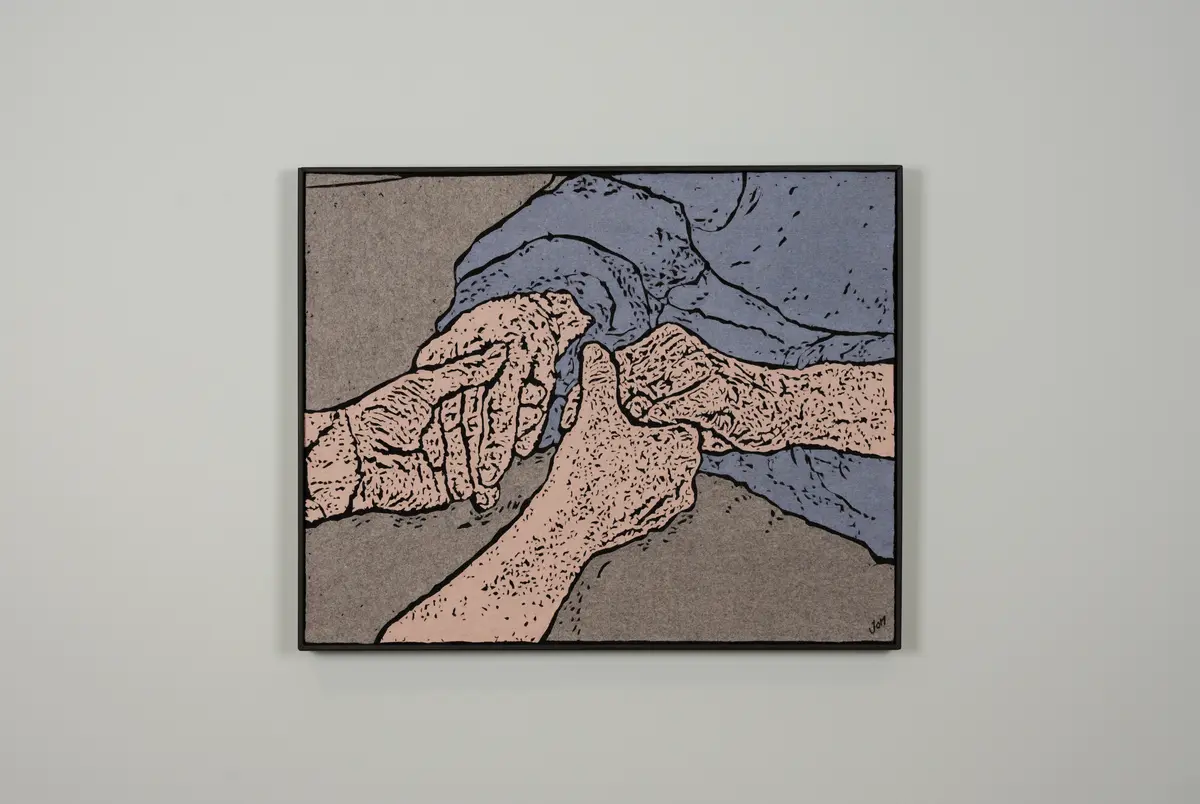 To par hender som holder om hverandre mot grå bakgrunn. 