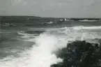 Vy över ett ilsket hav som slår mot klipporna vid Torekov, Skåne 1922.