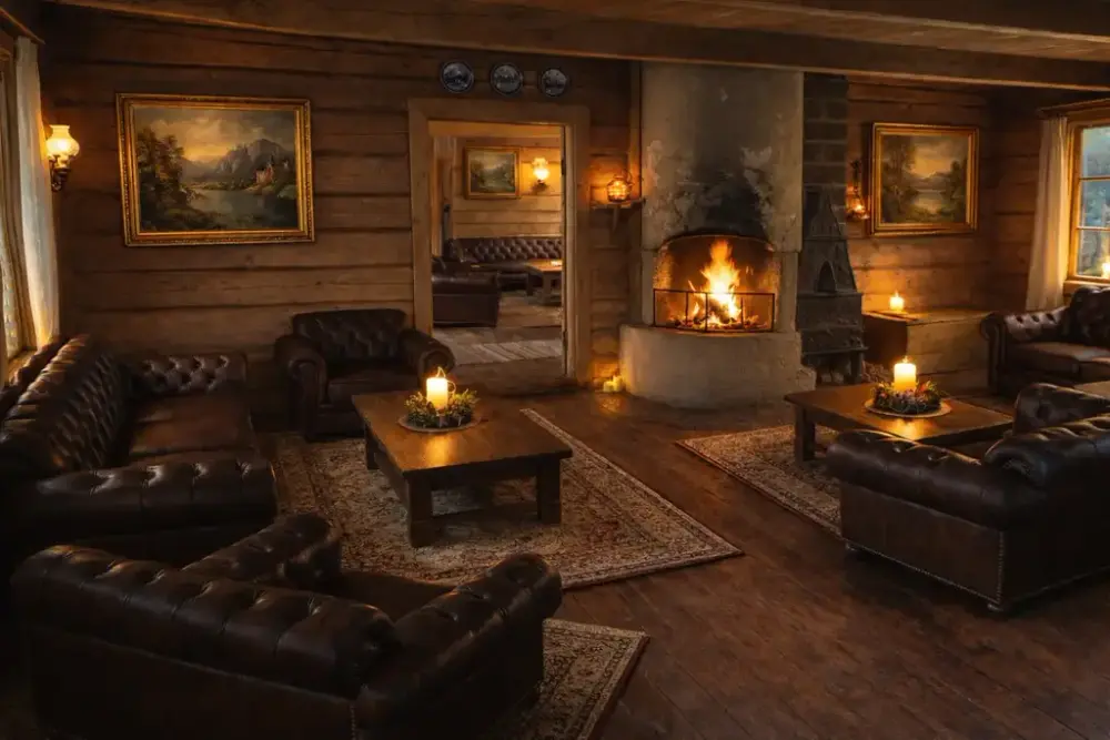 En stue i tømmerbygg med kveldsstemning og britiske overklassemøbler