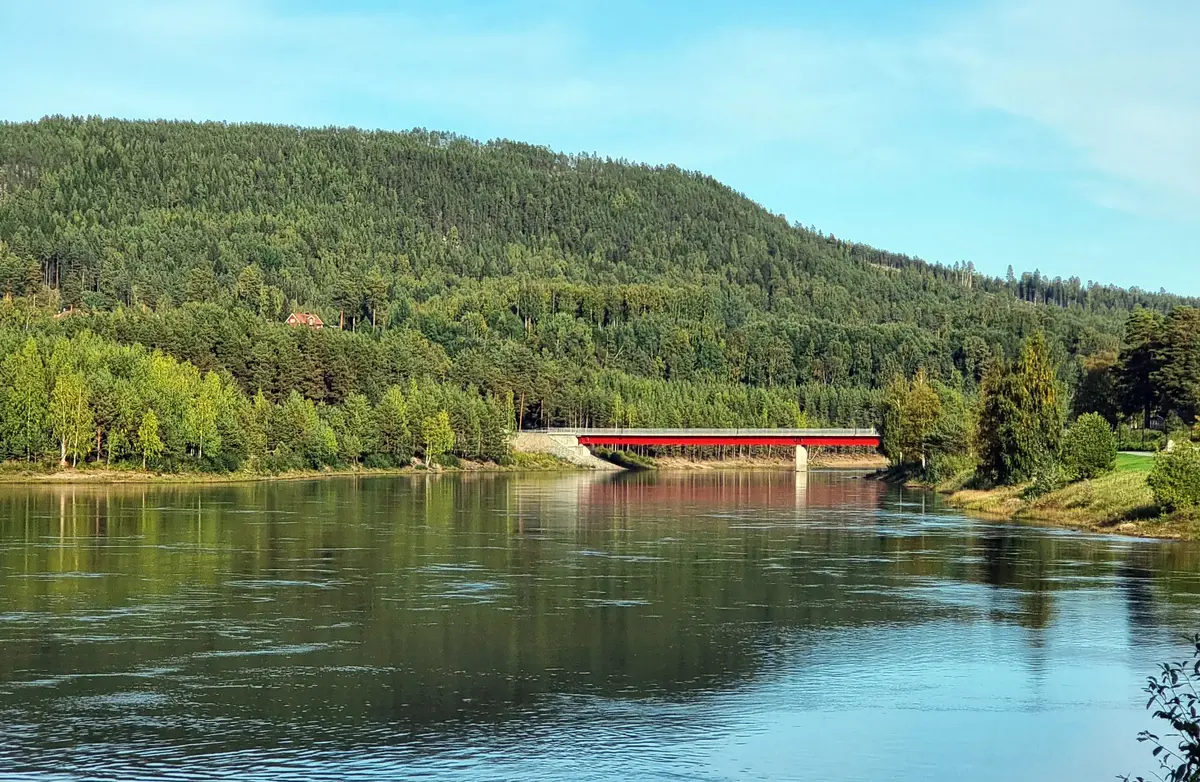 Landskap med älv, en bro och skog.