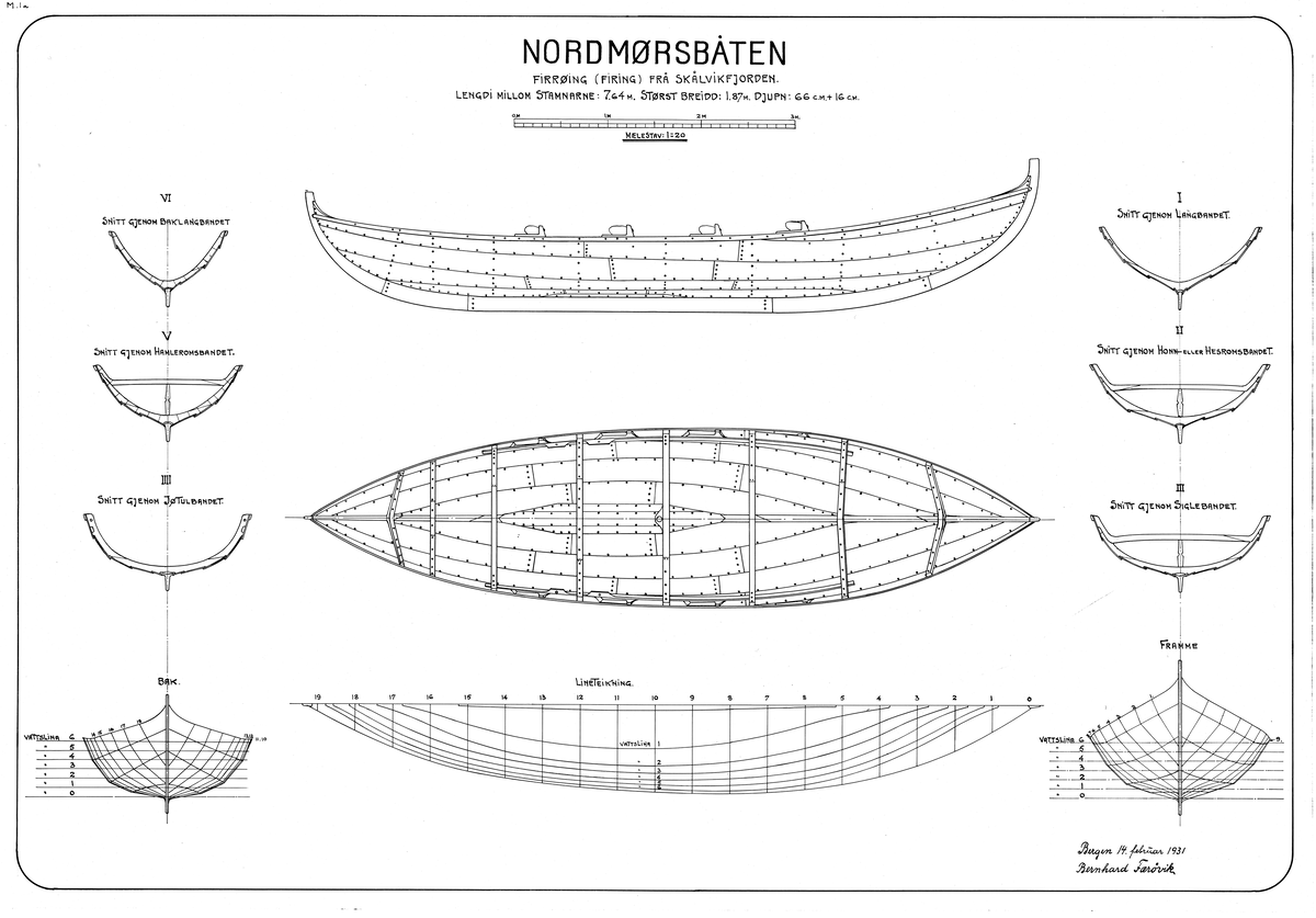 Nordmørsbåten. Firrøing frå Skålvikfjorden. Teikning av skrog, snitt og linje.
Målestokk 1:20